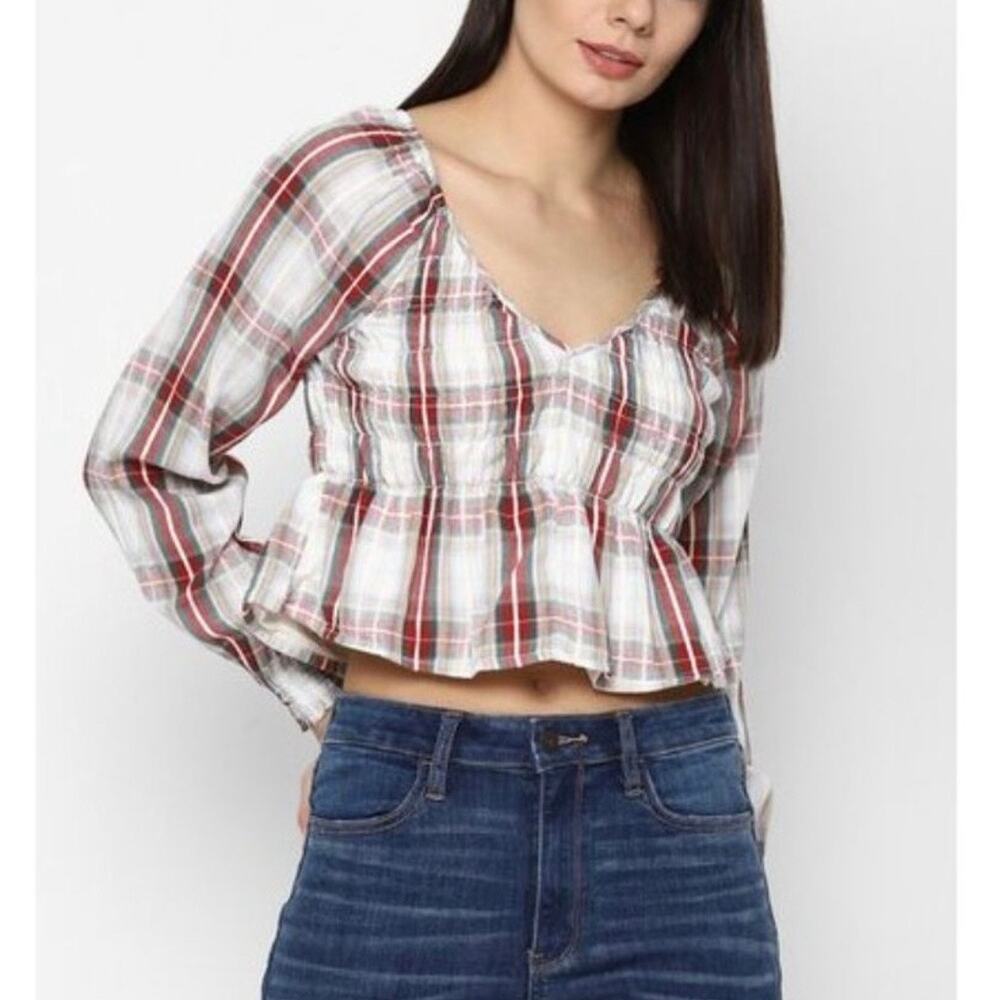 American Eagle White Plaid Smocked Cropped Long‎ Sleeve Top Size Small